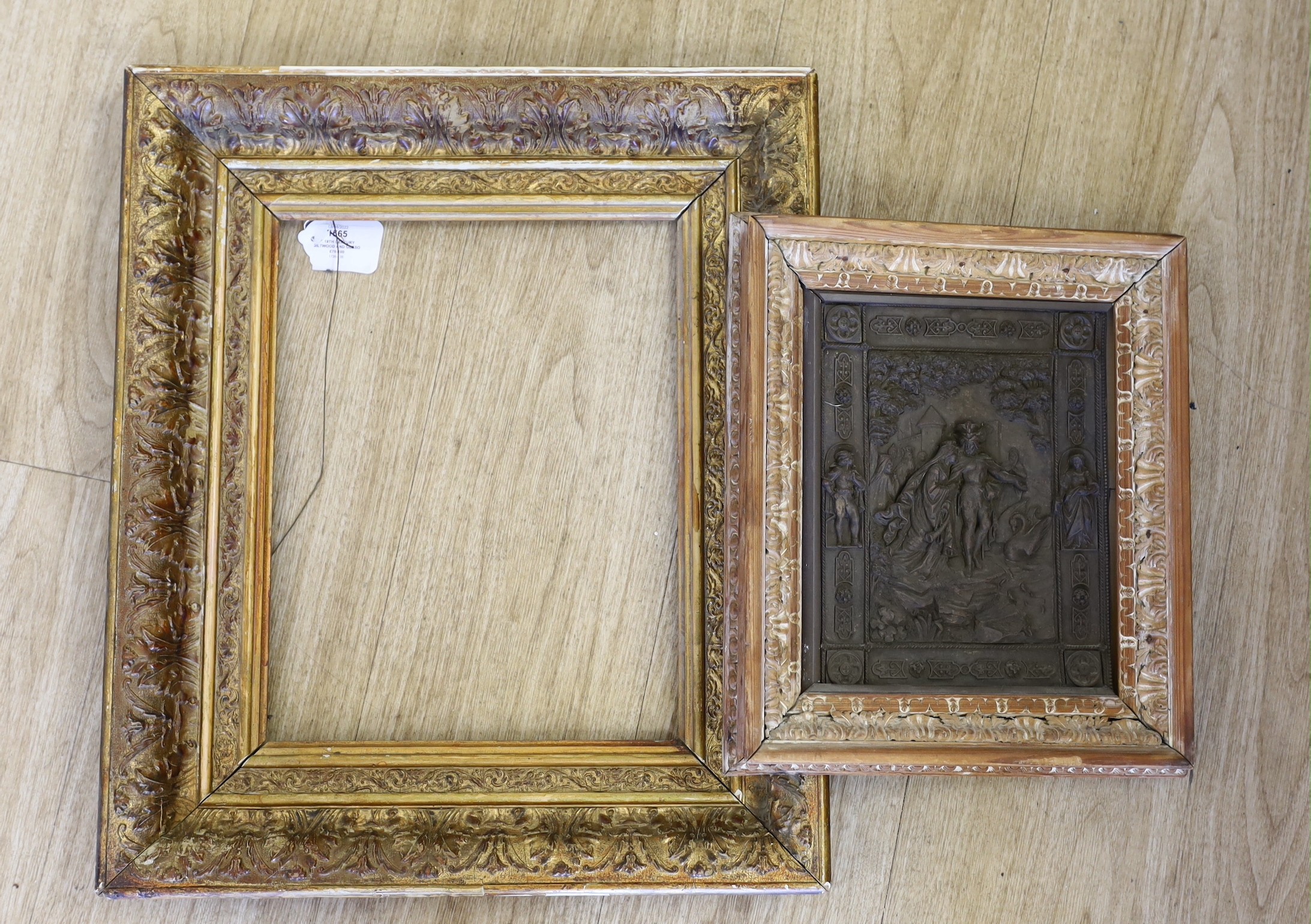 A 19th century giltwood and gesso picture frame, aperture 35 x 27cm, an embossed metal plaque and five assorted engravings